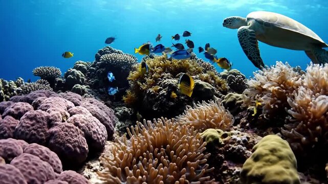 Capturing the vibrant biodiversity of a thriving coral reef ecosystem, showcasing a multitude of colorful marine species coexisting peacefully. Wide shot