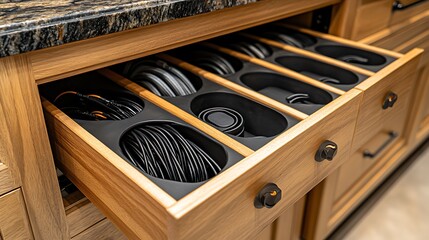 Kitchen drawer open with cutlery storage.