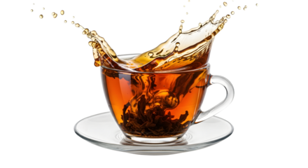 Clear glass cup of amber tea with splash and loose leaves on saucer isolated on a transparent background