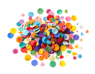 A vibrant pile of colorful confetti, diverse shapes scattered on a black background, top-down view