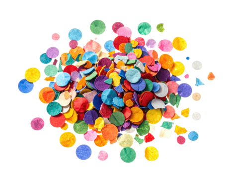 A vibrant pile of colorful confetti, diverse shapes scattered on a black background, top-down view