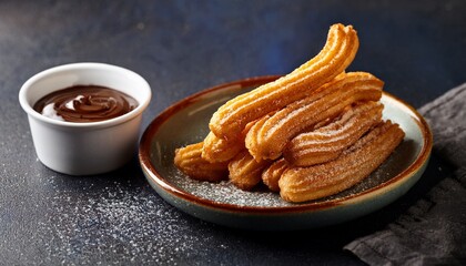 Crispy golden churros dusted with cinnamon sugar, served with a rich chocolate dipping sauce in a bowl, offering a delicious treat.