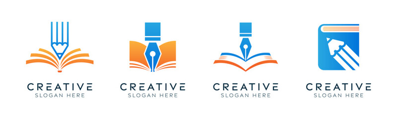 Set of stationery logo design templates. Modern isolated book with pencil and pencil design for stationery stores, education, and learning.