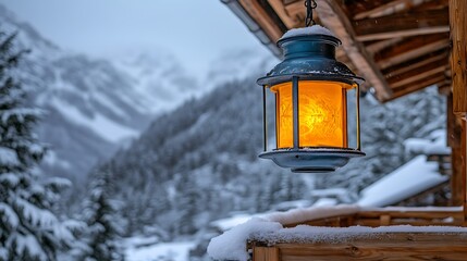 Lantern on cabin with snowy mountain view.