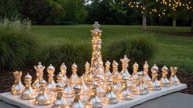 Beautifully lit chess pieces create a magical atmosphere in a tranquil park during twilight, showcasing stunning craftsmanship and design