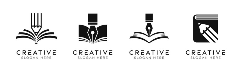 Set of stationery logo design templates. Modern isolated book with pencil and pencil design for stationery stores, education, and learning.