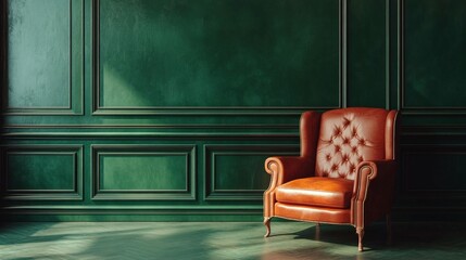 A luxurious armchair against a dark green panelled wall will serve as a stylish backdrop for advertising premium furniture or classic interiors.