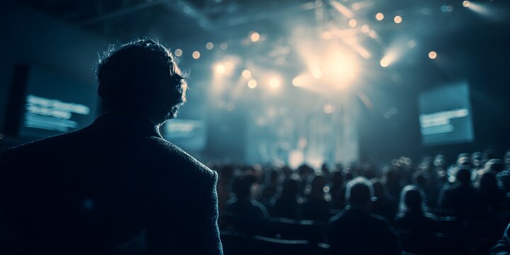 Inspiring keynote speaker energizing audience at modern conference hall with bright stage lighting and engaged crowd, perfect for business events promotions