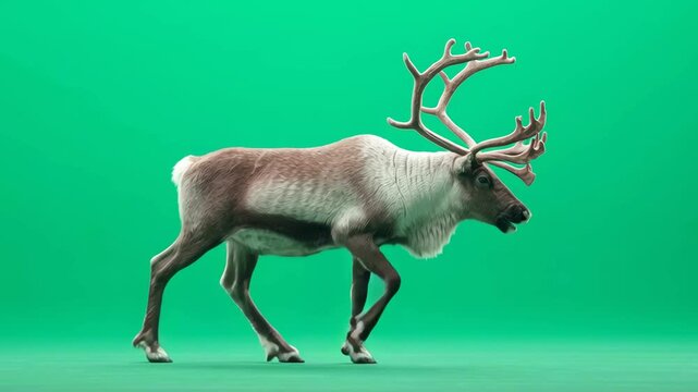 a festive reindeer with antlers walking against a bright greenscreen background for christmas themes