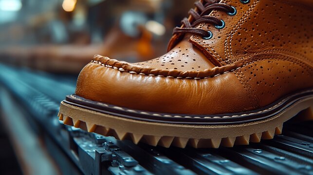 Leather boot closeup on industrial conveyor.