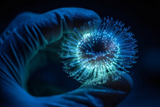 Scientist hand in glove experimenting with a pulsing bioluminescent microbe. Represents medical research, biotechnology, and data