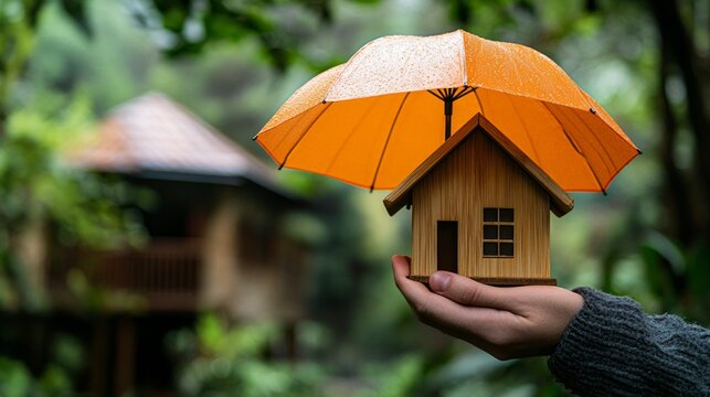The miniature house under an orange umbrella symbolises protection from climate threats and is ideal as a backdrop for discussing environmental initiatives.