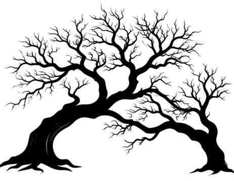 Silhouette of a textured tree against a stark black backdrop. Branches and leaves appear - Powered by Adobe