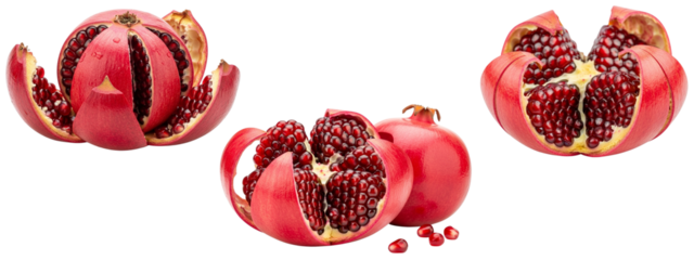 Partly peeled pomegranates are featured. The outer red skin curls back to reveal clusters of glossy ruby seeds inside. The arils appear moist and vibrant.
