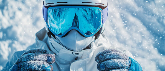 Bright snow goggles and gloves against a snowy backdrop symbolise winter sports, creating a dynamic background for advertising ski resorts or sports equipment.