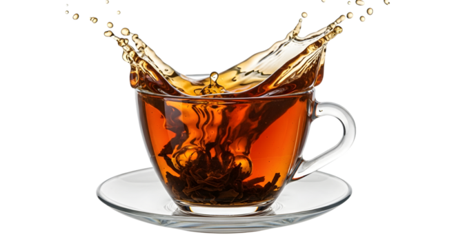 Clear glass cup of amber tea with a splash and tea leaves isolated on a transparent background hot beverage - Powered by Adobe