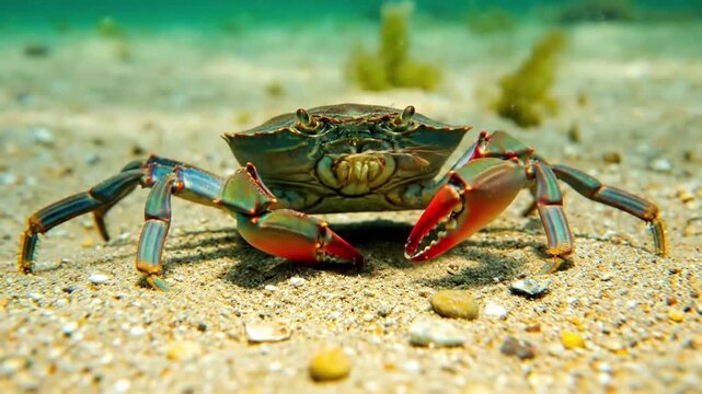 A high definition macro shot of a vibrant red fiddler crab meticulously sifting sand with its smaller claw on a sun drenched tidal flat, showcasing intricate textures and natural foraging.