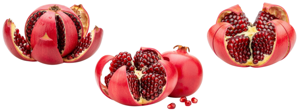 Partly peeled pomegranates are featured. The outer red skin curls back to reveal clusters of glossy ruby seeds inside. The arils appear moist and vibrant.
