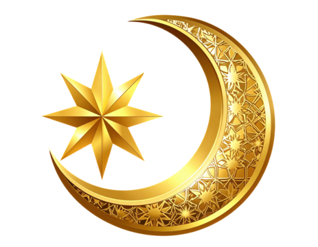 Golden crescent moon with intricate details and a bright star, perfect for cultural symbolism