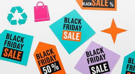 Flat lay of colorful paper cutout shapes including a recycle symbol, shopping bag, star, and sale tags, representing shopping during Black Friday