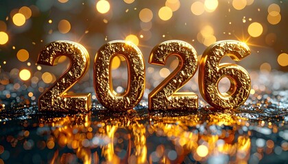 A scene featuring the year 2026 in bold, golden 3D letters with a sparkling, reflective surface. Happy New Year, Happy New Year 2026, Merry Christmas And Happy New Year calendar