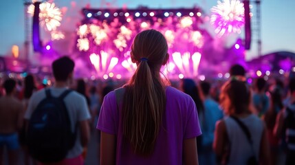 Enthusiastic crowd enjoying mesmerizing fireworks and stage lights at a vibrant music festival event