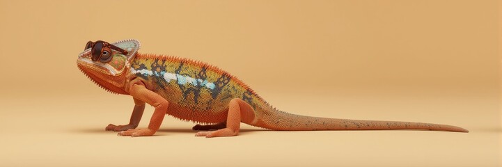 Orange and vibrant chameleon wearing stylish dark sunglasses, captured in profile on a seamless warm peach studio background with ample copy space.
