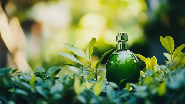 A fragrance bottle perched atop a green shrub, perfect for outdoor events or nature-inspired settings