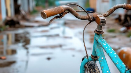 Nostalgic rustic bike in a puddle reflecting urban decay and quiet loneliness
