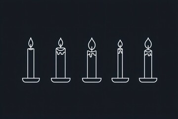 Five white outline candles burning on dark background, minimalist vector icons showing different melting wax stages and flames