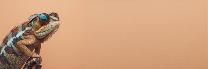 Stylish chameleon with reflective sunglasses posing confidently on a piece of wood against a warm, solid peach background with vast copy space.