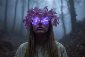 Woman standing in a foggy forest, wearing a floral wreath and glowing glasses reflecting violet flowers, creating a surreal and magical atmosphere