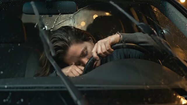 A tired woman resting her head on the steering wheel in a rainy car.