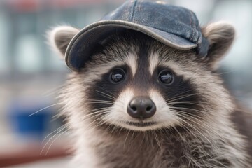 Raccoon wearing a baseball cap with a playful and cute expression, looking directly at the viewer, showing animal intelligence