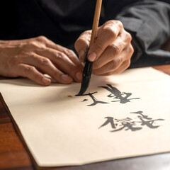 Naklejka premium An artist's hands sketch with a pen in a vintage sketchbook on a wooden table, illustrating a creative process