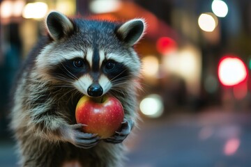 Raccoon carefully holding a stolen red apple with its paws, looking directly at the camera with bokeh city lights in background