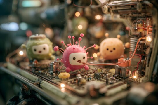 Cute microbe characters resembling viruses interacting with an intricate electronic circuit board, symbolizing cybersecurity threats or data management