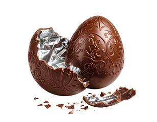 Close-up of a decorative chocolate egg with a broken shell, revealing foil