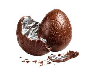 Close-up of a decorative chocolate egg with a broken shell, revealing foil