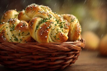 Golden baked knots of savory bread topped with green herbs and coarse salt, arranged in a traditional woven brown basket