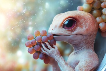 Alien entity enjoying a cluster of fresh fruit, featuring large eyes and smooth skin in a cosmic environment