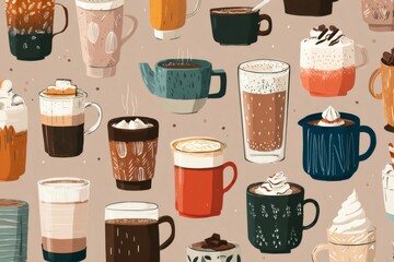 Repeating pattern featuring different hot drinks like coffee, tea, and chocolate in various cups and mugs