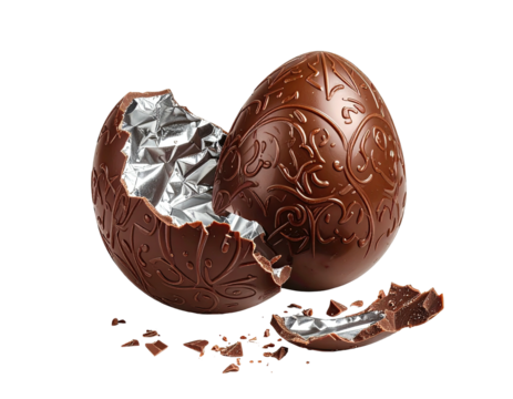 Close-up of a decorative chocolate egg with a broken shell, revealing foil