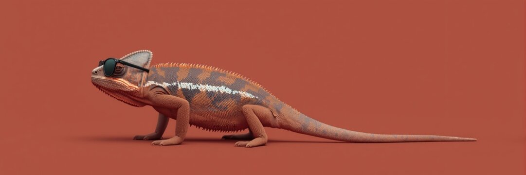 Profile view of a brown and orange chameleon wearing trendy dark sunglasses, standing on a solid terracotta studio background with ample negative space