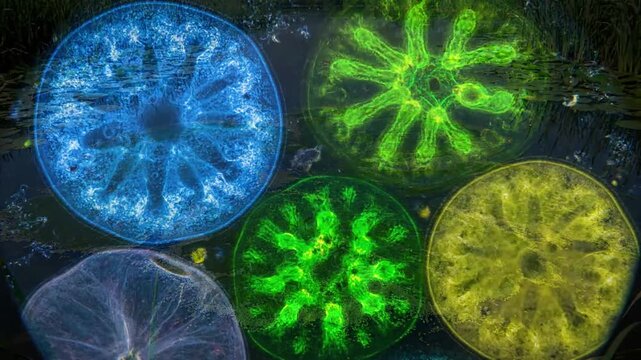Vibrant green filamentous algae swaying gently beneath the surface of crystal clear freshwater, capturing intricate patterns and organic movement. Underwater perspective showcasing natural aquatic?