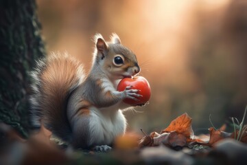 Squirrel holding a vibrant red apple, taking a bite while sitting among brown autumn leaves on the forest ground