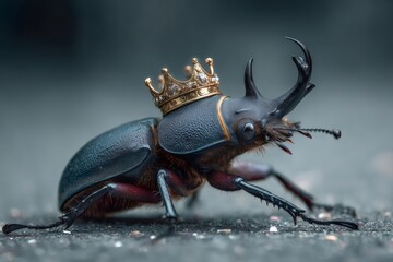Horned beetle on a dark surface, wearing a jeweled crown, symbolizing power, leadership, and royalty in the insect world