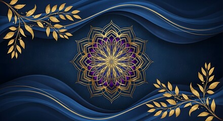 Elegant mandala design with golden accents on a dark blue background