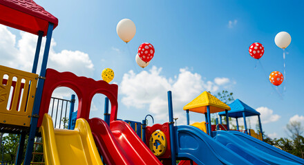 Colorful playground with red and white balloons floating against a bright blue sky on a sunny day