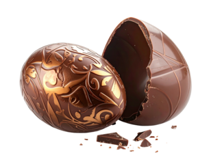 Ornate dark chocolate Easter egg broken open against a transparent backdrop